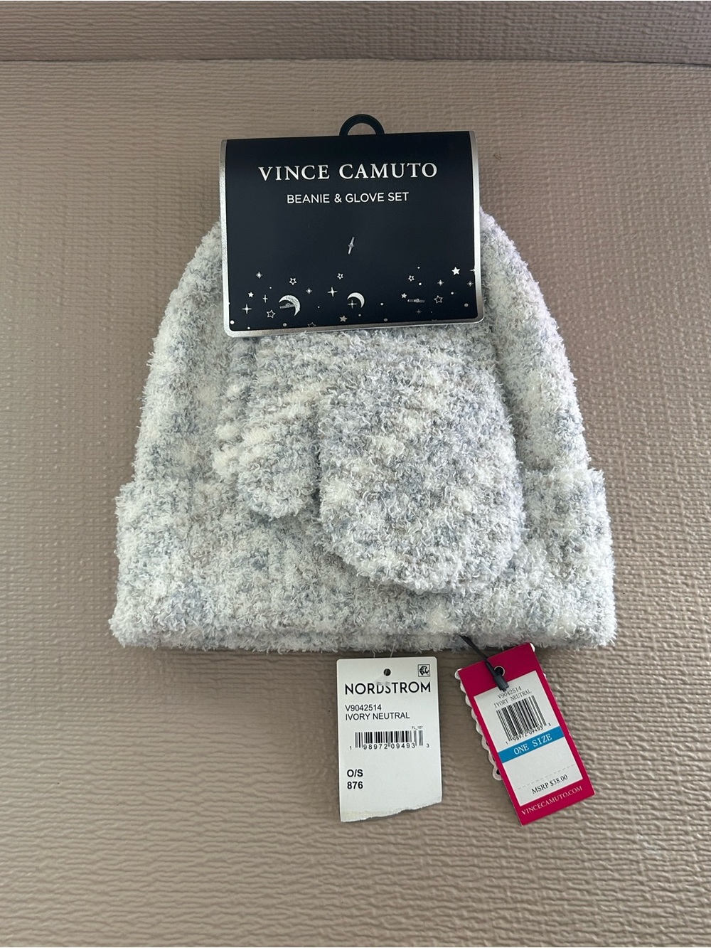 Vince Camuto Ivory Neutral Fuzzy Beanie & Mittens Set